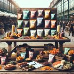 An assortment of colorful freeze-dried snacks arranged on a rustic table against the backdrop of an outdoor market, showcasing the appeal and branding of a freeze-dried snack business.