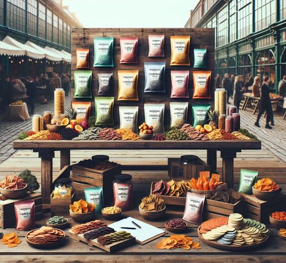 An assortment of colorful freeze-dried snacks arranged on a rustic table against the backdrop of an outdoor market, showcasing the appeal and branding of a freeze-dried snack business.