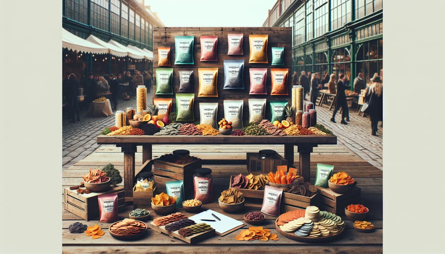 An assortment of colorful freeze-dried snacks arranged on a rustic table against the backdrop of an outdoor market, showcasing the appeal and branding of a freeze-dried snack business.