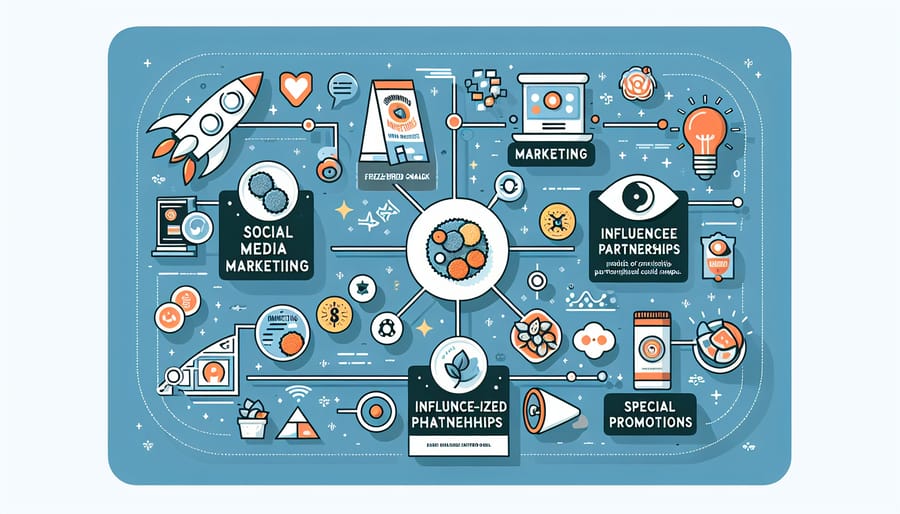 An infographic outlining key marketing strategies for a freeze-dried snack business, including social media marketing, influencer partnerships, offering samples, and special promotions.