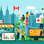 Conceptual illustration of a thriving cannabis market scene in Canada, showcasing digital tools, diverse customer demographics, and community engagement symbols, emphasizing modern THC flower sales strategies.