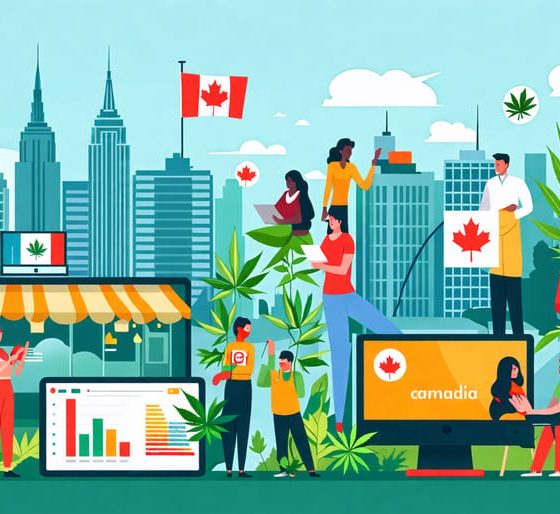 Conceptual illustration of a thriving cannabis market scene in Canada, showcasing digital tools, diverse customer demographics, and community engagement symbols, emphasizing modern THC flower sales strategies.