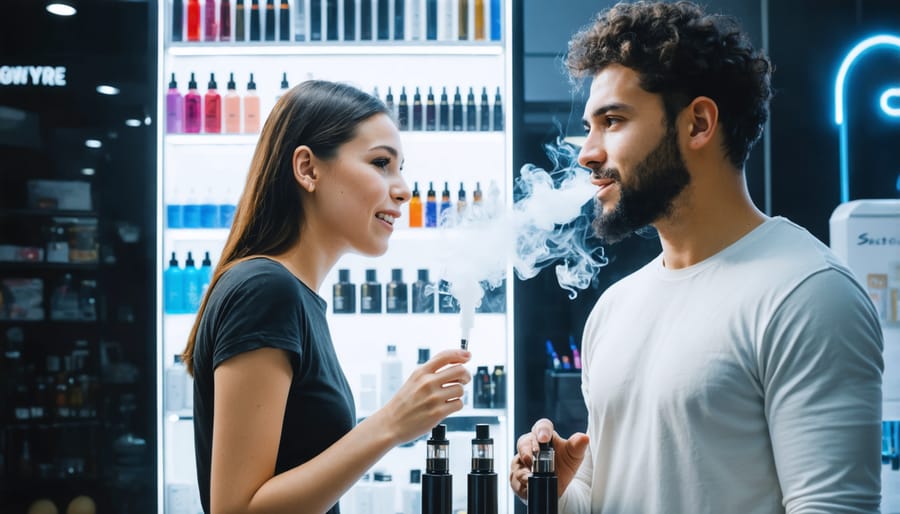 Customer speaking with a representative in a vape shop, illustrating trust-building interactions