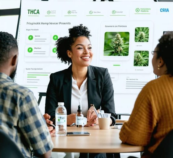 A sales professional engaging with potential clients about THCA products, showcasing digital tools and CRM technologies in a modern and dynamic setting.