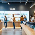 Diverse group of individuals interacting at a modern vape shop, emphasizing community engagement and the use of digital platforms for responsible vaping marketing.