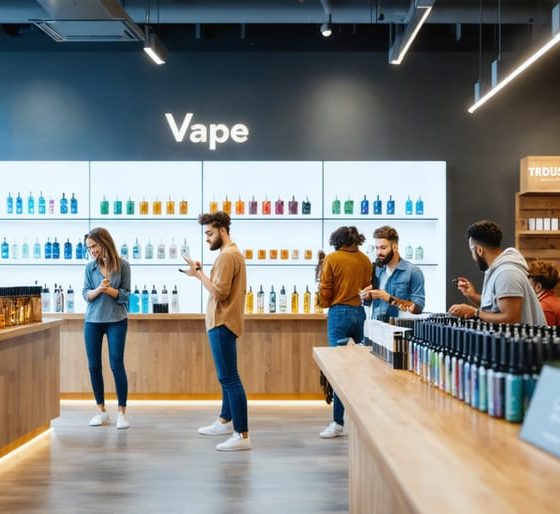 Diverse group of individuals interacting at a modern vape shop, emphasizing community engagement and the use of digital platforms for responsible vaping marketing.