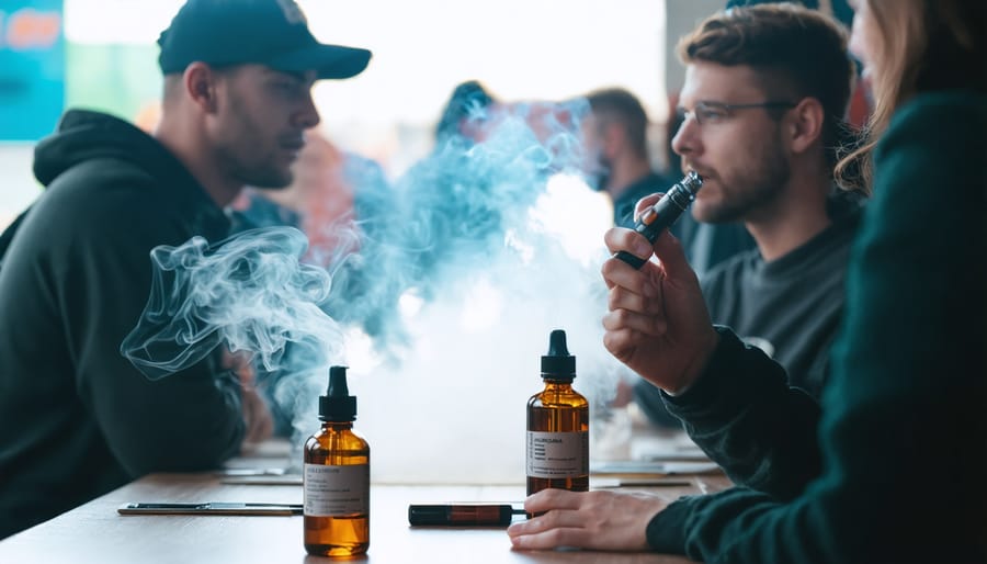 A group of vaping industry professionals networking at an industry event, emphasizing community engagement